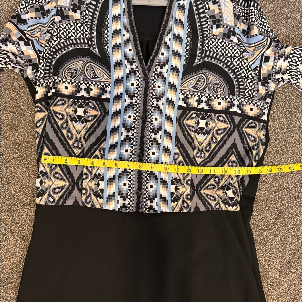 Hale Bob Black White Blue Tan Design Long Sleeve Pullover Dress Sz L Knee Length - Picture 15 of 16